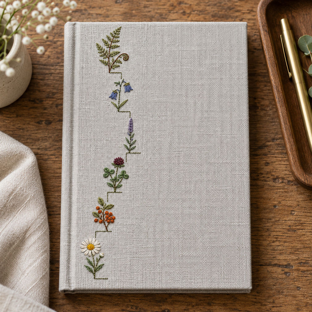 Framed linen textile mockup featuring the Wildflower Stair Border hand embroidery design. Wildflowers climb a stepped left border beside an outlined area of clear linen.