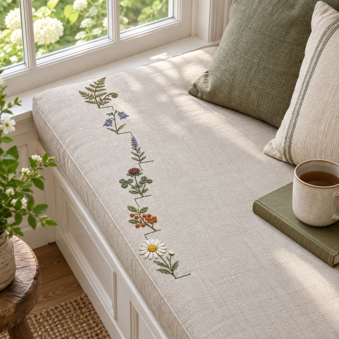 Linen table runner mockup featuring the Wildflower Stair Border hand embroidery design. Wildflowers climb a stepped left border beside an outlined area of clear linen.