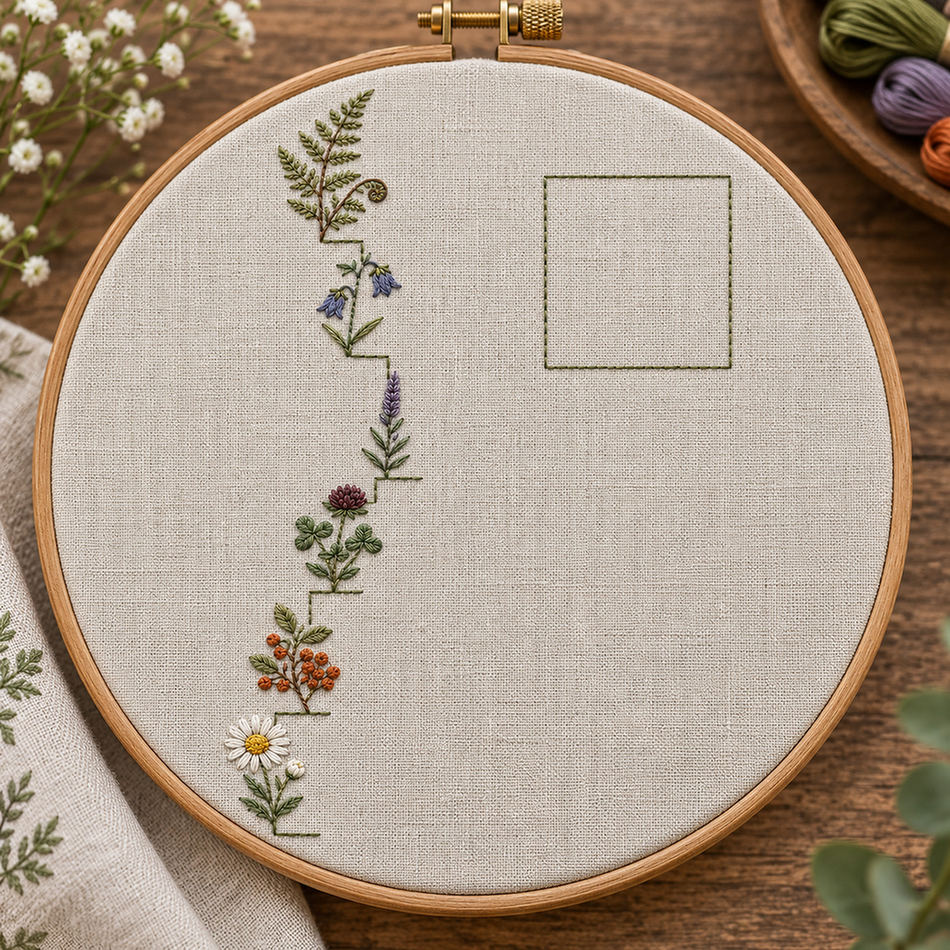 Embroidery hoop mockup featuring the Wildflower Stair Border hand embroidery design. Wildflowers climb a stepped left border beside an outlined area of clear linen.