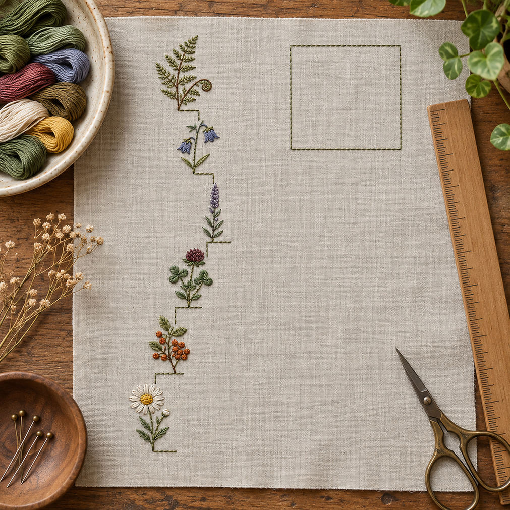 Close view of the wildflower border mockup featuring the Wildflower Stair Border hand embroidery design. Wildflowers climb a stepped left border beside an outlined area of clear linen.