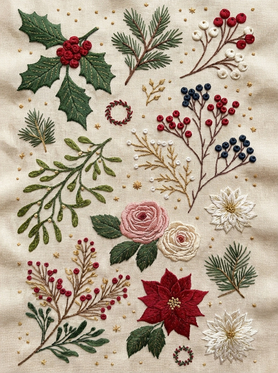 Winter Botanical Plate Christmas Embroidery from Christmas Embroidery Collection Book 3, a digital embroidery design reference for machine embroidery designs, embroidery patterns and seasonal embroidery motifs.