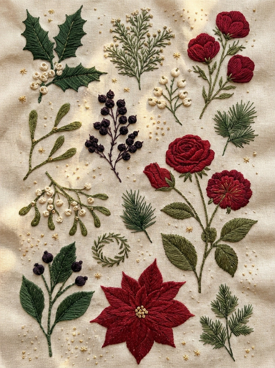 Winter Botanical Plate Christmas Embroidery from Christmas Embroidery Collection Book 4, a digital embroidery design reference for machine embroidery designs, embroidery patterns and seasonal embroidery motifs.