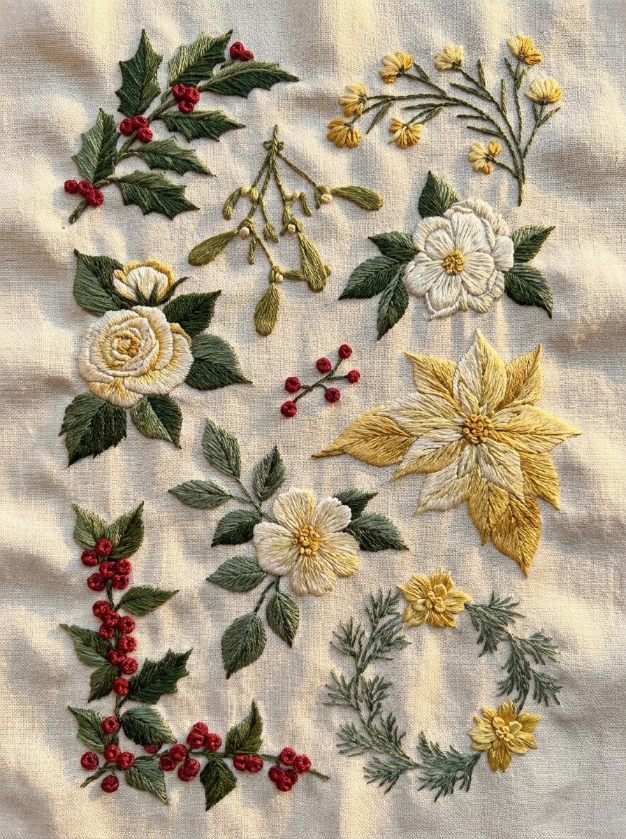 Winter Floral Motif Set Christmas from Christmas Embroidery Collection Book 2, a digital embroidery design reference for machine embroidery designs, embroidery patterns and seasonal embroidery motifs.