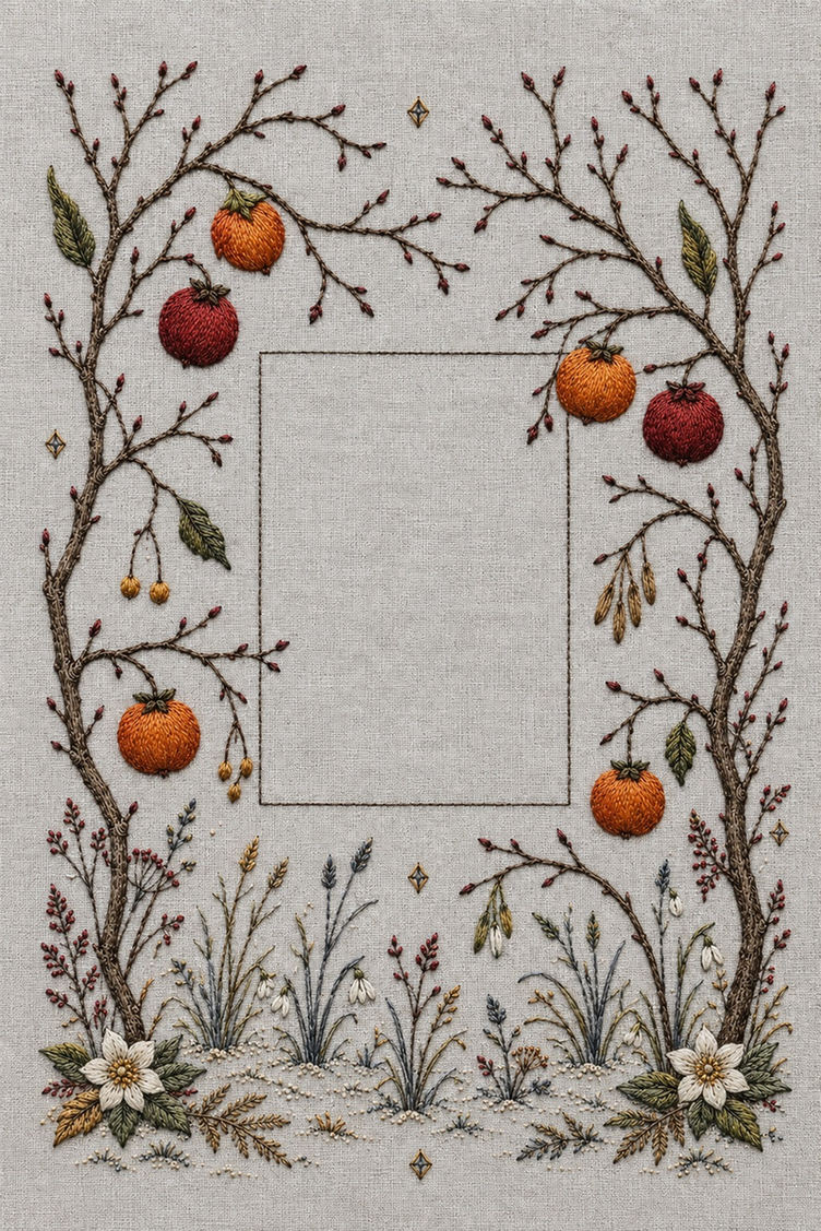Illustrative embroidery design: Bare orchard branches carry warm fruit around a clear geometric centre and small frost marks.