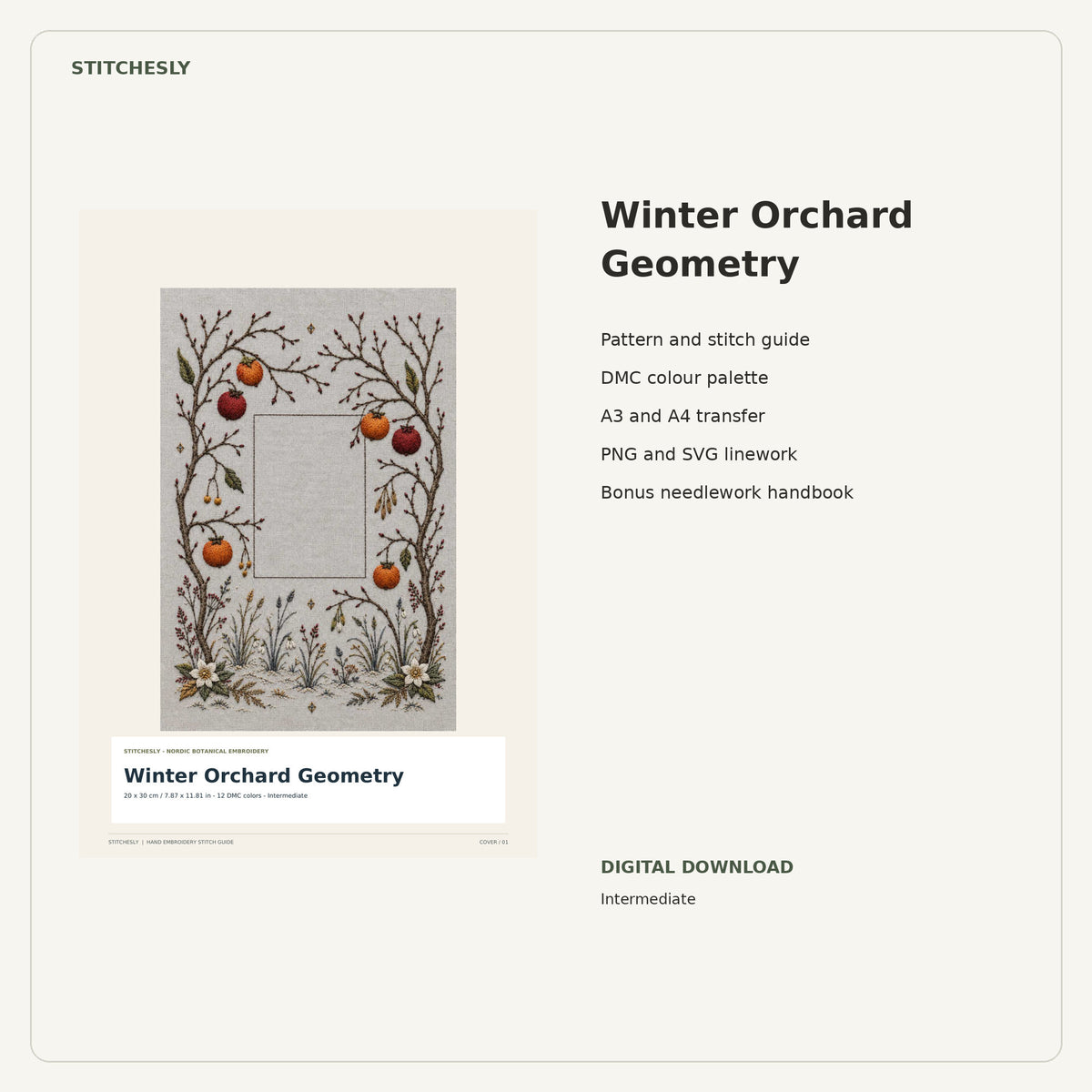 Winter Orchard Geometry PDF stitch guide cover, pattern files and bonus needlework handbook.