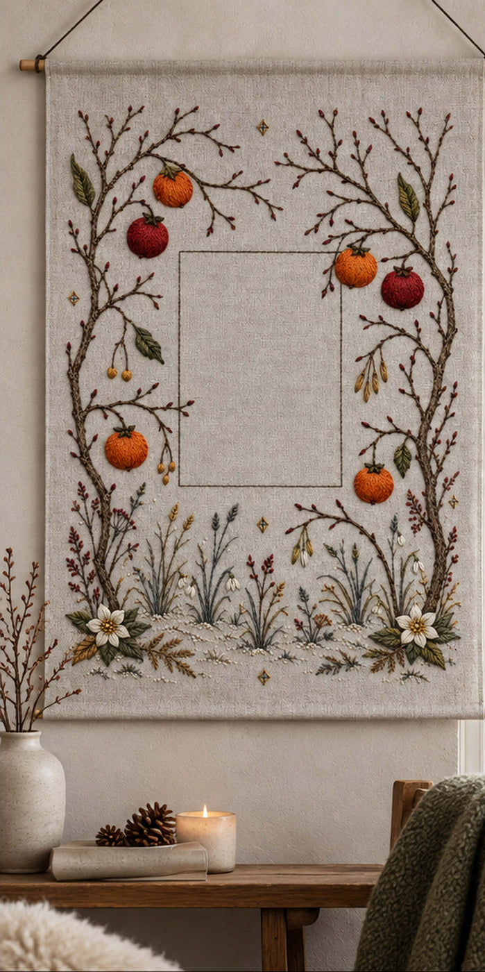 Framed botanical textile mockup featuring the Winter Orchard Geometry hand embroidery design. Bare orchard branches carry warm fruit around a clear geometric centre and small frost marks.