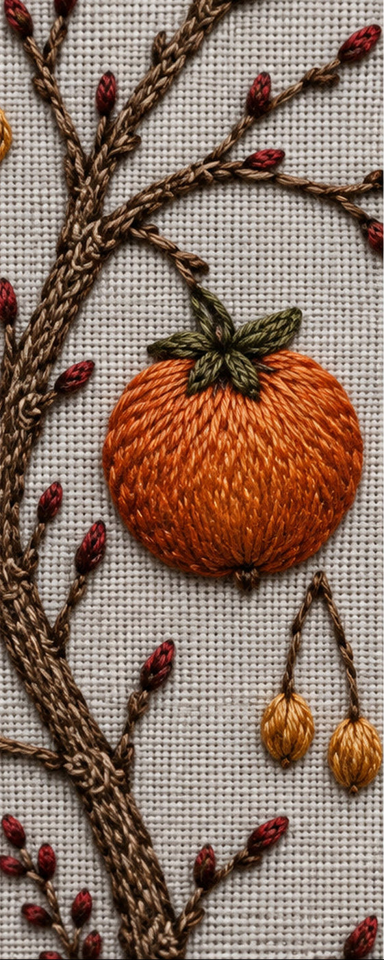 Orchard textile close view mockup featuring the Winter Orchard Geometry hand embroidery design. Bare orchard branches carry warm fruit around a clear geometric centre and small frost marks.