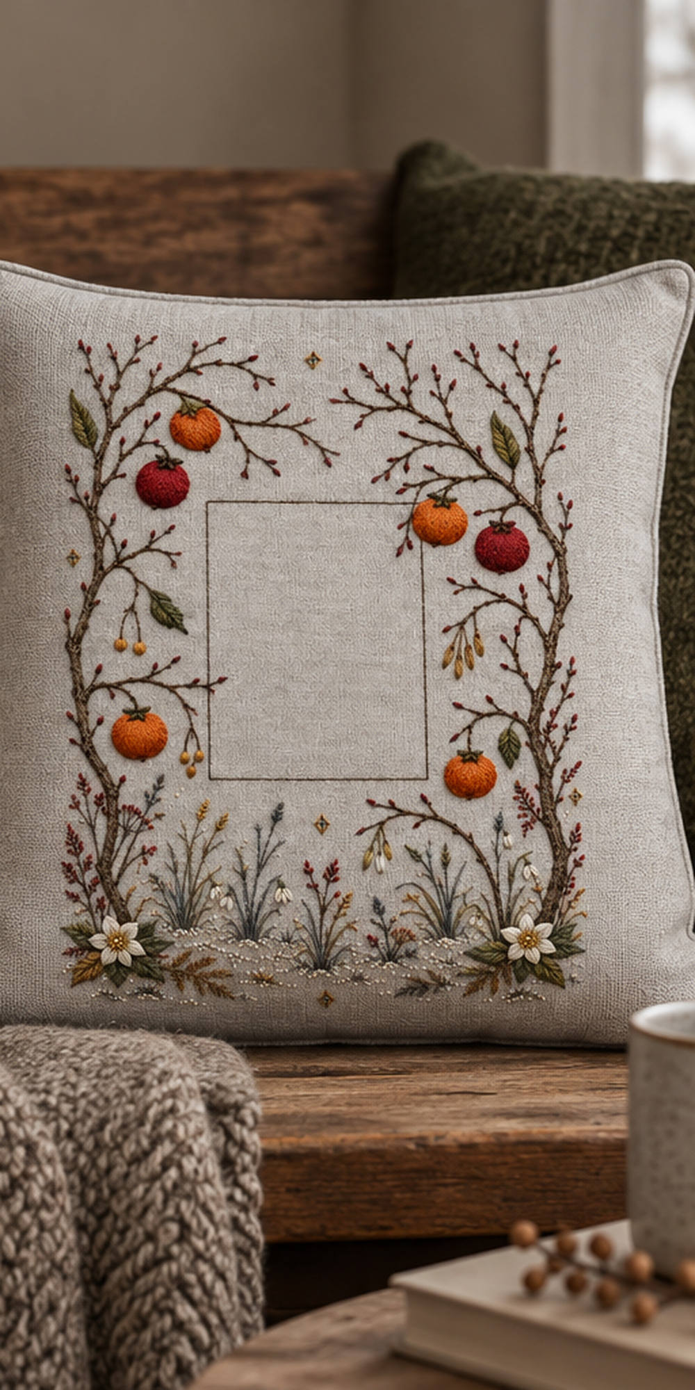 Linen cushion mockup featuring the Winter Orchard Geometry hand embroidery design. Bare orchard branches carry warm fruit around a clear geometric centre and small frost marks.