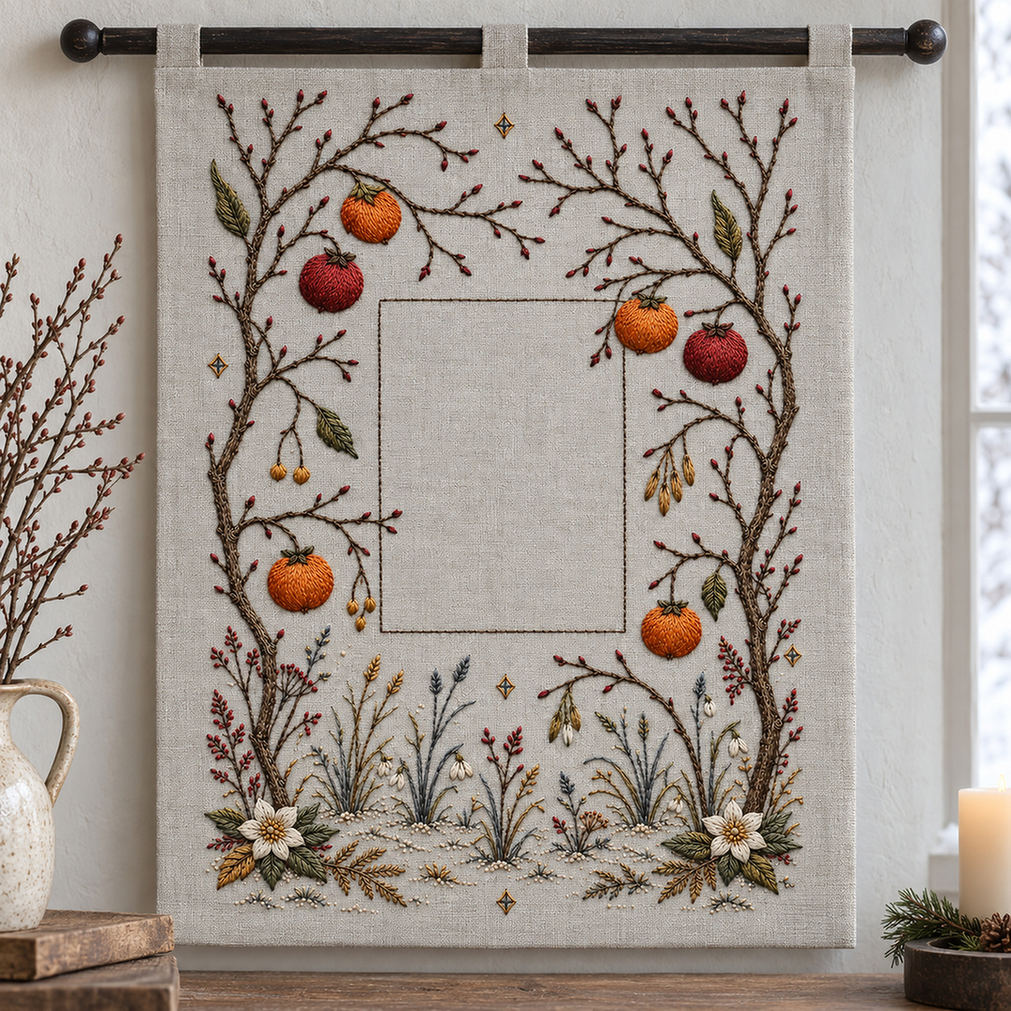 Framed botanical textile mockup featuring the Winter Orchard Geometry hand embroidery design. Bare orchard branches carry warm fruit around a clear geometric centre and small frost marks.