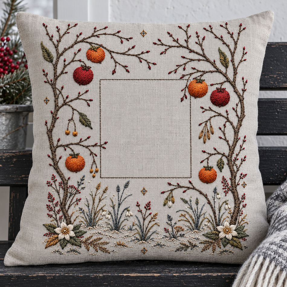 Linen cushion mockup featuring the Winter Orchard Geometry hand embroidery design. Bare orchard branches carry warm fruit around a clear geometric centre and small frost marks.