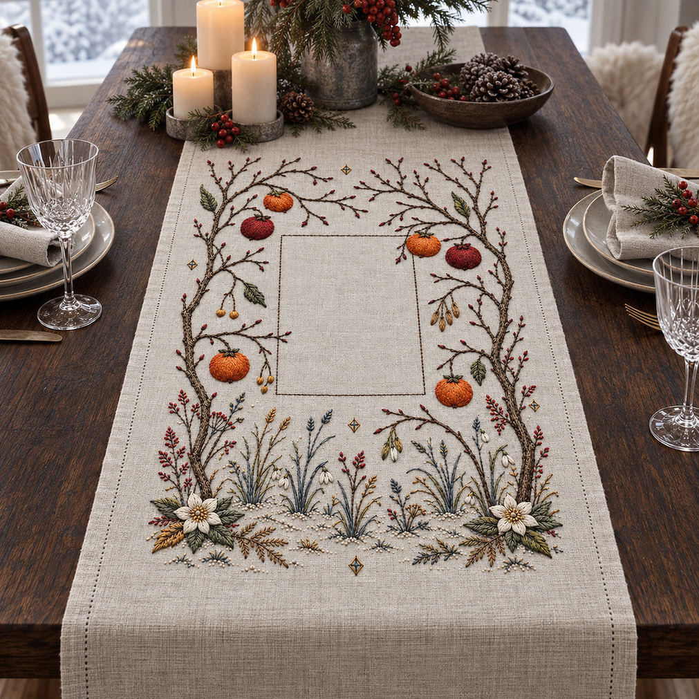 Linen apron mockup featuring the Winter Orchard Geometry hand embroidery design. Bare orchard branches carry warm fruit around a clear geometric centre and small frost marks.