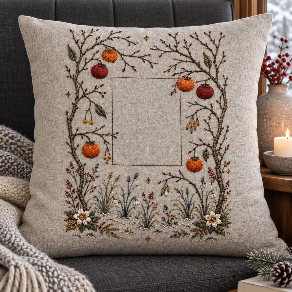Linen tote bag mockup featuring the Winter Orchard Geometry hand embroidery design. Bare orchard branches carry warm fruit around a clear geometric centre and small frost marks.