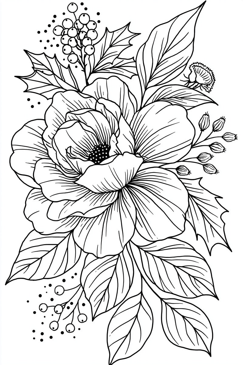 Winter Rose And Holly Motif from Christmas Embroidery Collection Book 1, a digital embroidery design reference for machine embroidery designs, embroidery patterns and seasonal embroidery motifs.