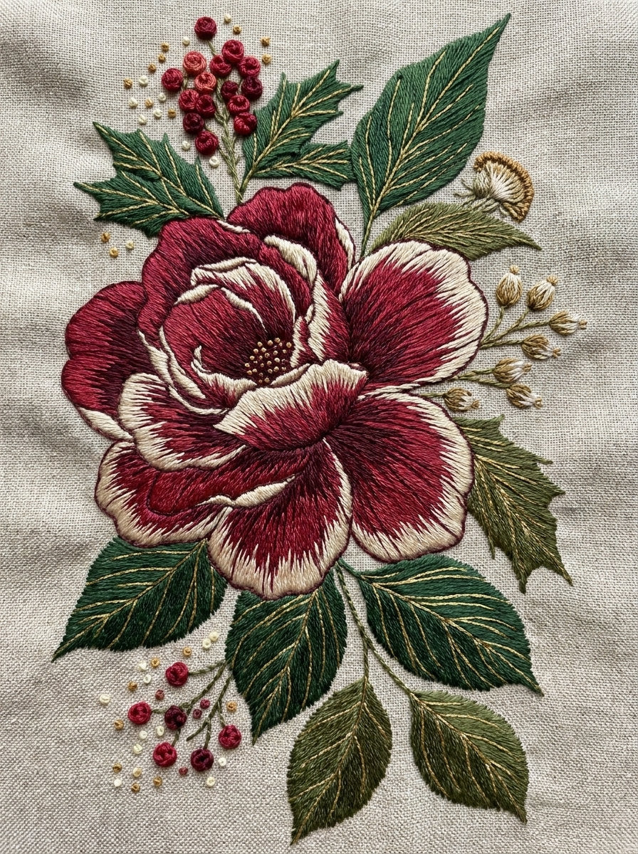Winter Rose And Holly Motif from Christmas Embroidery Collection Book 1, a digital embroidery design reference for machine embroidery designs, embroidery patterns and seasonal embroidery motifs.