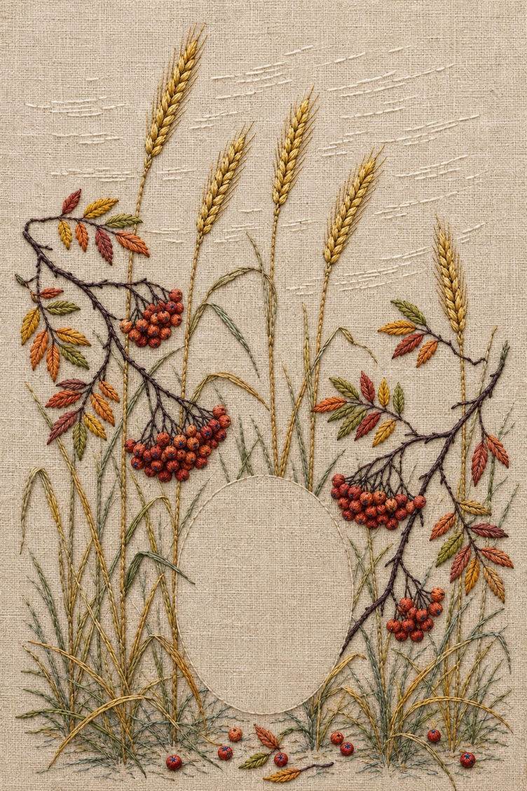 Illustrative embroidery design: Tall rye stems and curved rowan branches grow around a clear oval.