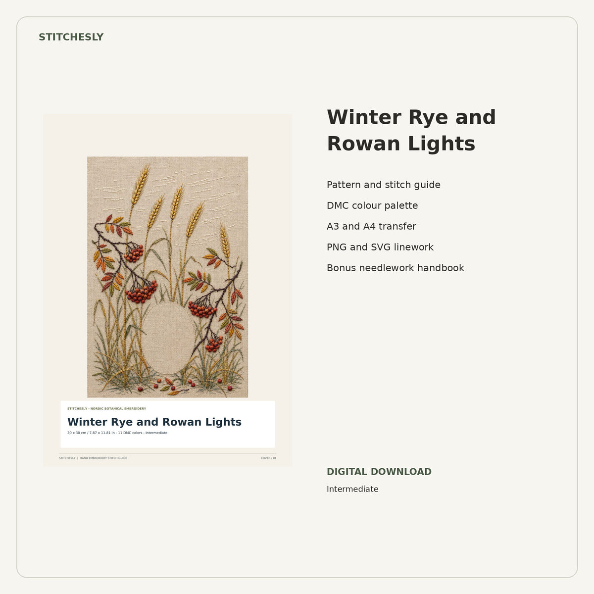 Winter Rye and Rowan Lights PDF stitch guide cover, pattern files and bonus needlework handbook.