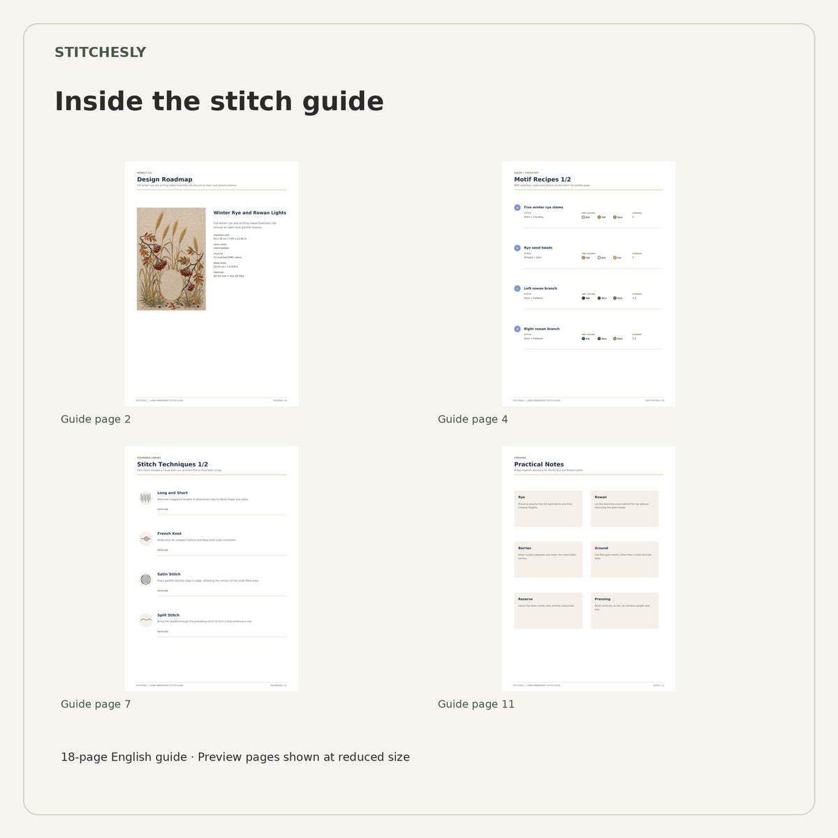 Four reduced-size preview pages from the 18-page Winter Rye and Rowan Lights stitch guide.