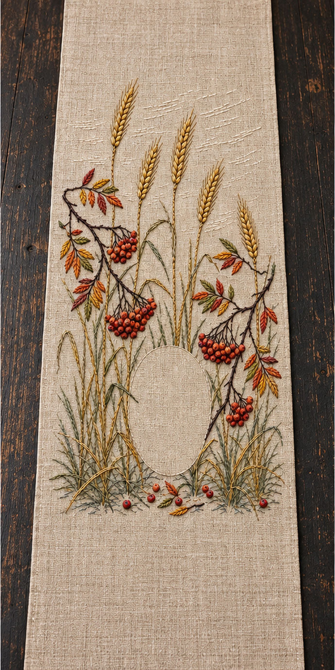 Botanical textile flat lay mockup featuring the Winter Rye and Rowan Lights hand embroidery design. Tall rye stems and curved rowan branches grow around a clear oval.