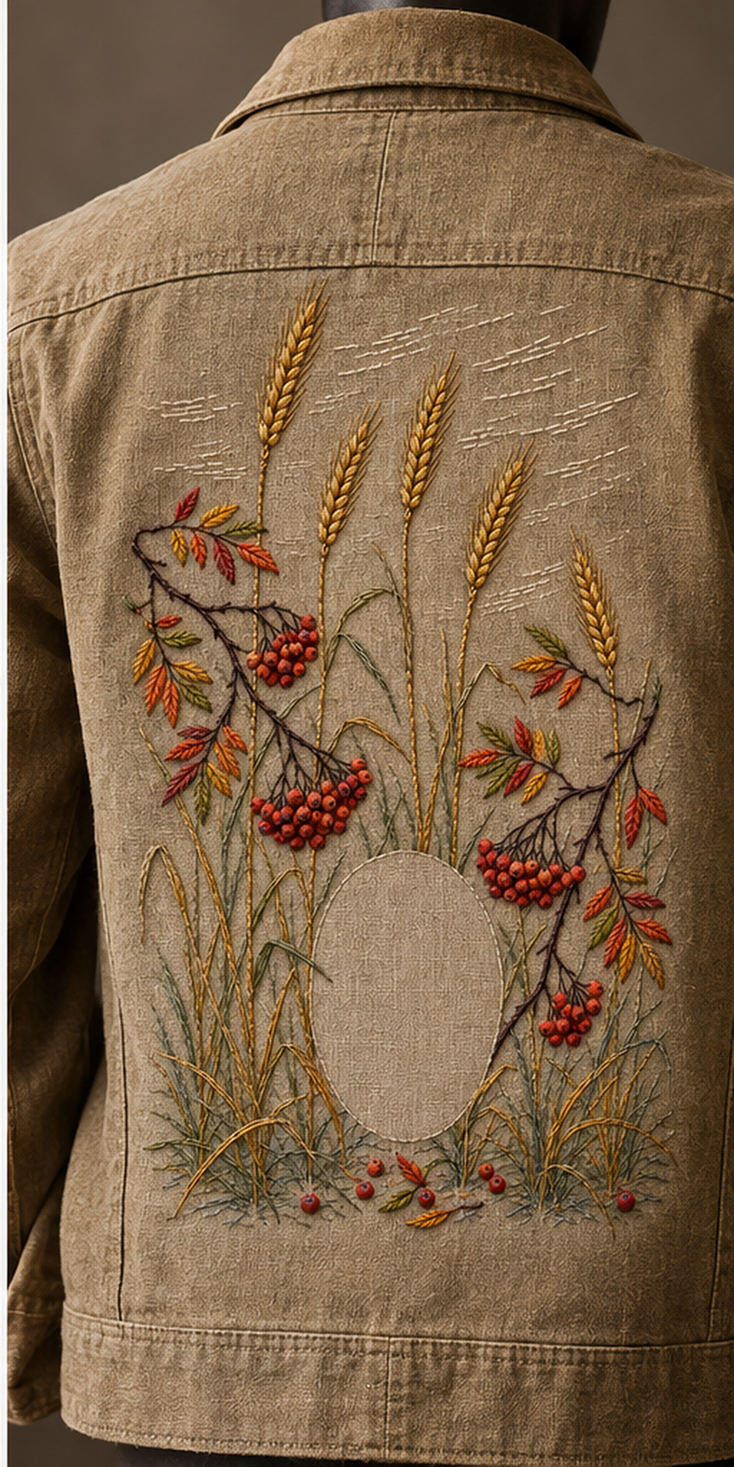 Linen jacket mockup featuring the Winter Rye and Rowan Lights hand embroidery design. Tall rye stems and curved rowan branches grow around a clear oval.