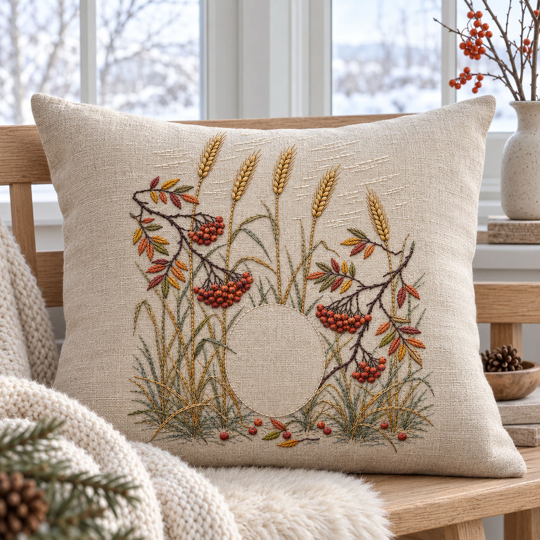 Linen cushion mockup featuring the Winter Rye and Rowan Lights hand embroidery design. Tall rye stems and curved rowan branches grow around a clear oval.