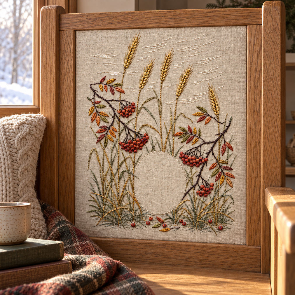 Framed botanical textile mockup featuring the Winter Rye and Rowan Lights hand embroidery design. Tall rye stems and curved rowan branches grow around a clear oval.