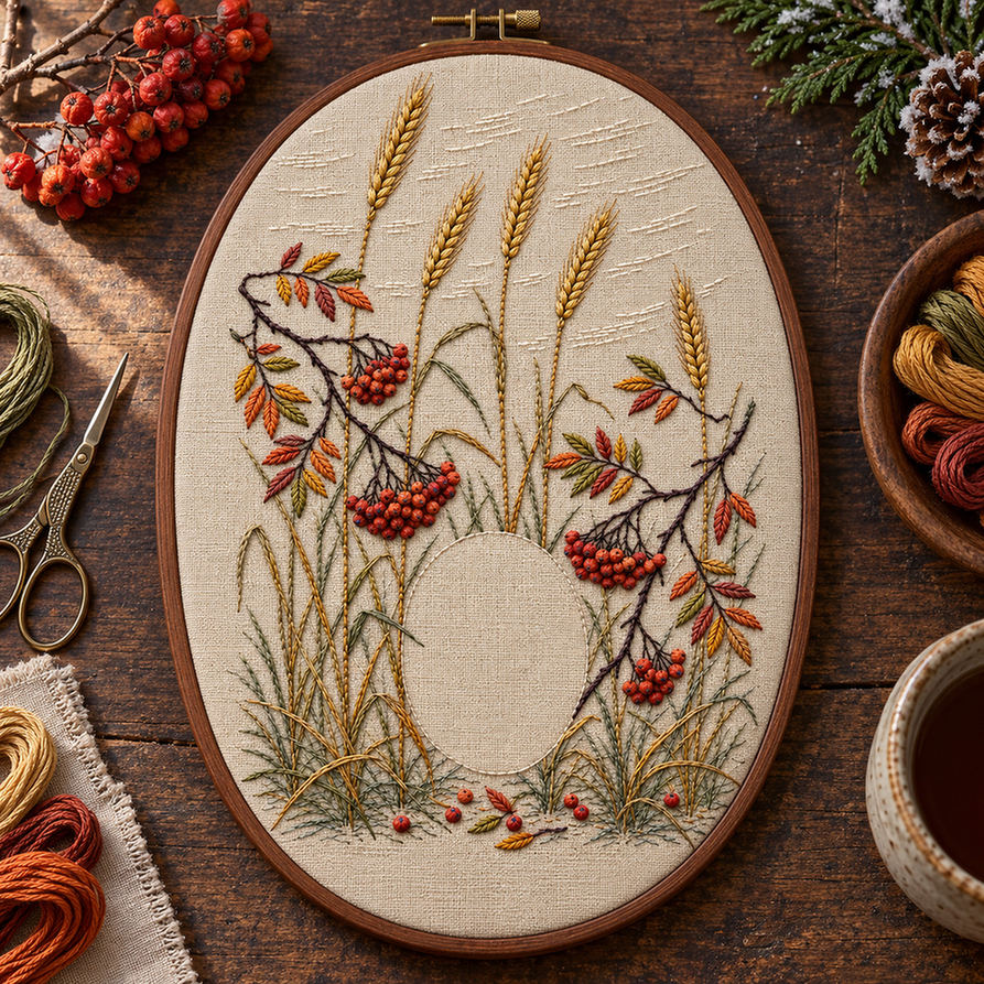 Embroidery hoop mockup featuring the Winter Rye and Rowan Lights hand embroidery design. Tall rye stems and curved rowan branches grow around a clear oval.