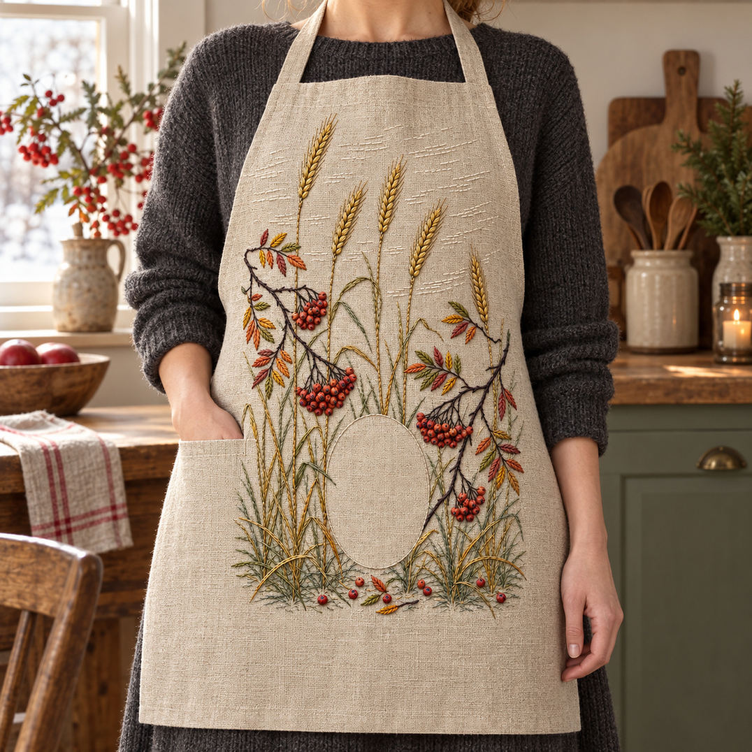 Linen apron mockup featuring the Winter Rye and Rowan Lights hand embroidery design. Tall rye stems and curved rowan branches grow around a clear oval.
