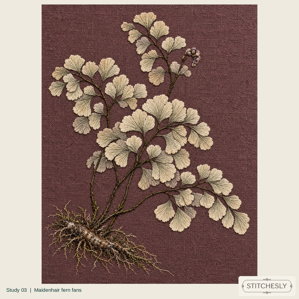 Study 03, Maidenhair fern fans, a full composition shown as an embroidered textile interpretation from The Woodland Undersong.