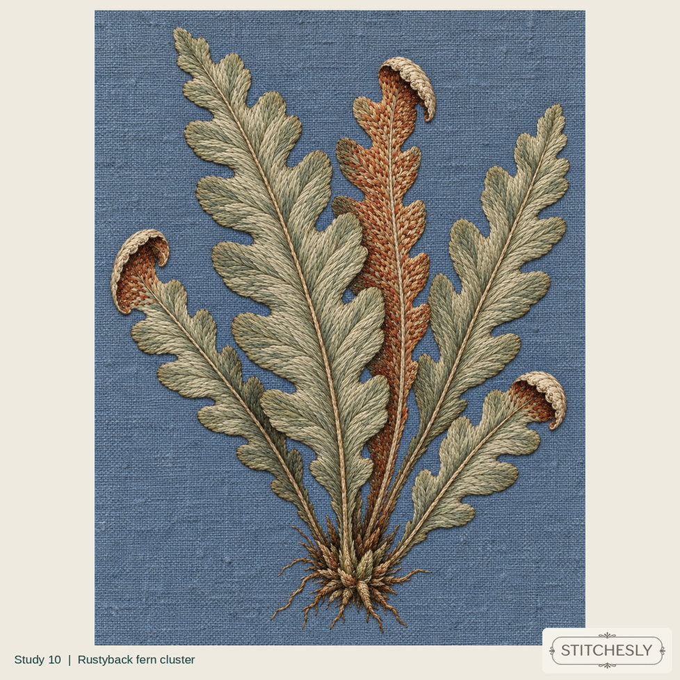 Study 10, Rustyback fern cluster, a full composition shown as an embroidered textile interpretation from The Woodland Undersong.