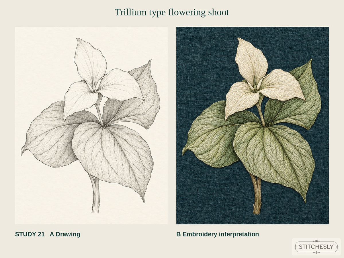 Study 21, Trillium type flowering shoot, showing the A drawing and B embroidery interpretation side by side.
