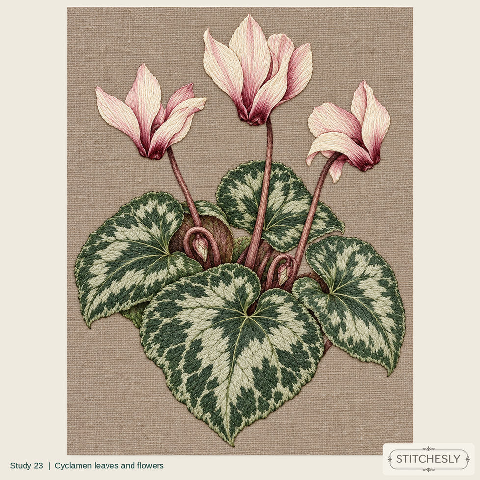 Study 23, Cyclamen leaves and flowers, a full composition shown as an embroidered textile interpretation from The Woodland Undersong.