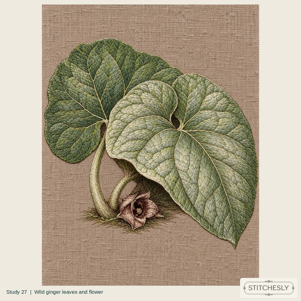Study 27, Wild ginger leaves and flower, a full composition shown as an embroidered textile interpretation from The Woodland Undersong.