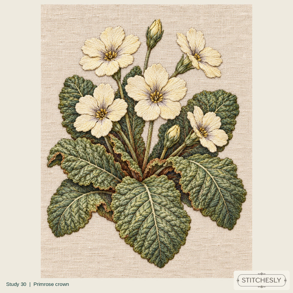 Study 30, Primrose crown, a full composition shown as an embroidered textile interpretation from The Woodland Undersong.