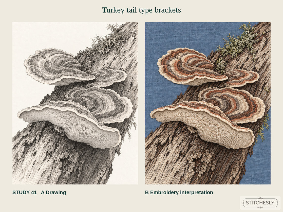Study 41, Turkey tail type brackets, showing the A drawing and B embroidery interpretation side by side.