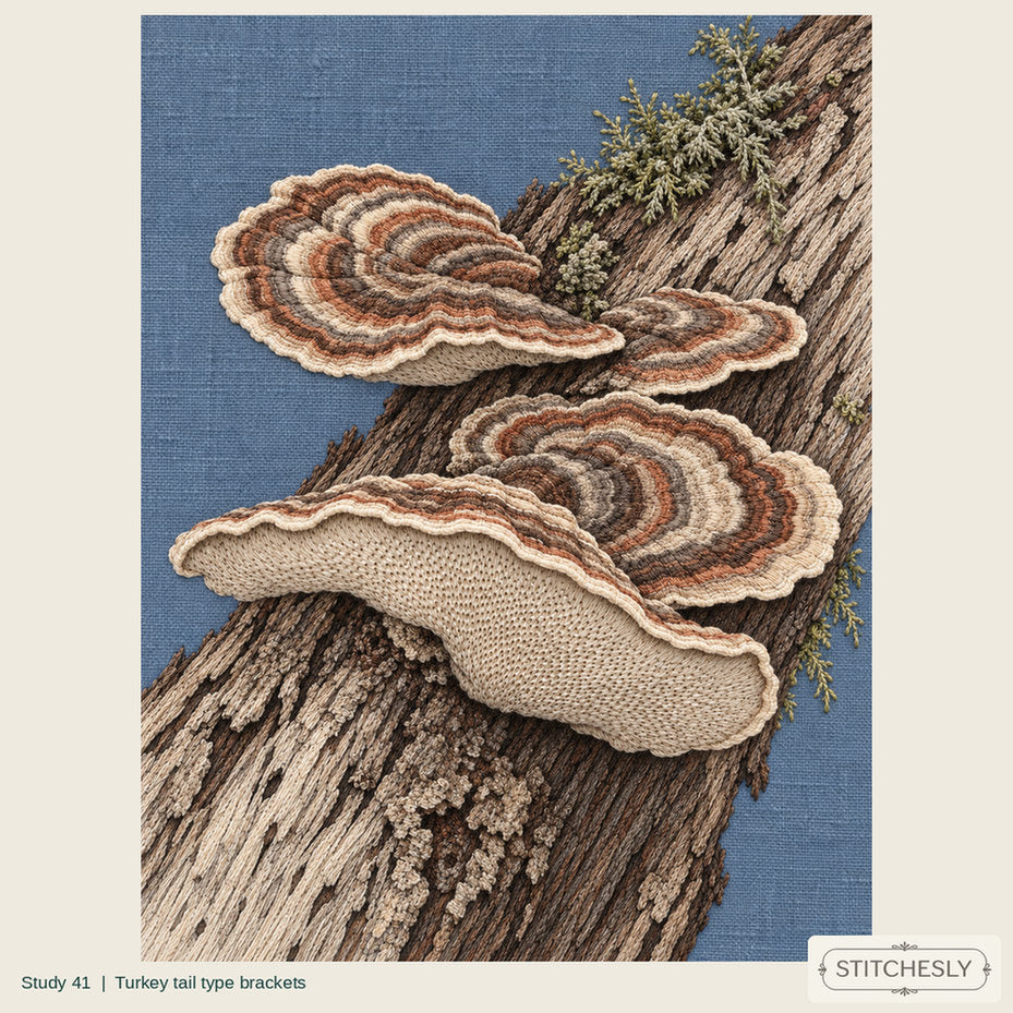 Study 41, Turkey tail type brackets, a full composition shown as an embroidered textile interpretation from The Woodland Undersong.