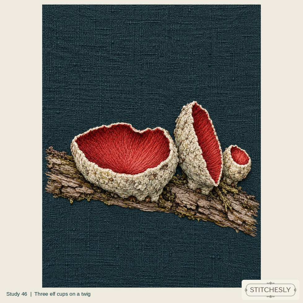 Study 46, Three elf cups on a twig, a full composition shown as an embroidered textile interpretation from The Woodland Undersong.