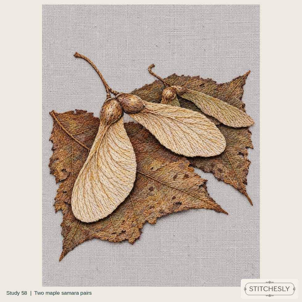 Study 58, Two maple samara pairs, a full composition shown as an embroidered textile interpretation from The Woodland Undersong.