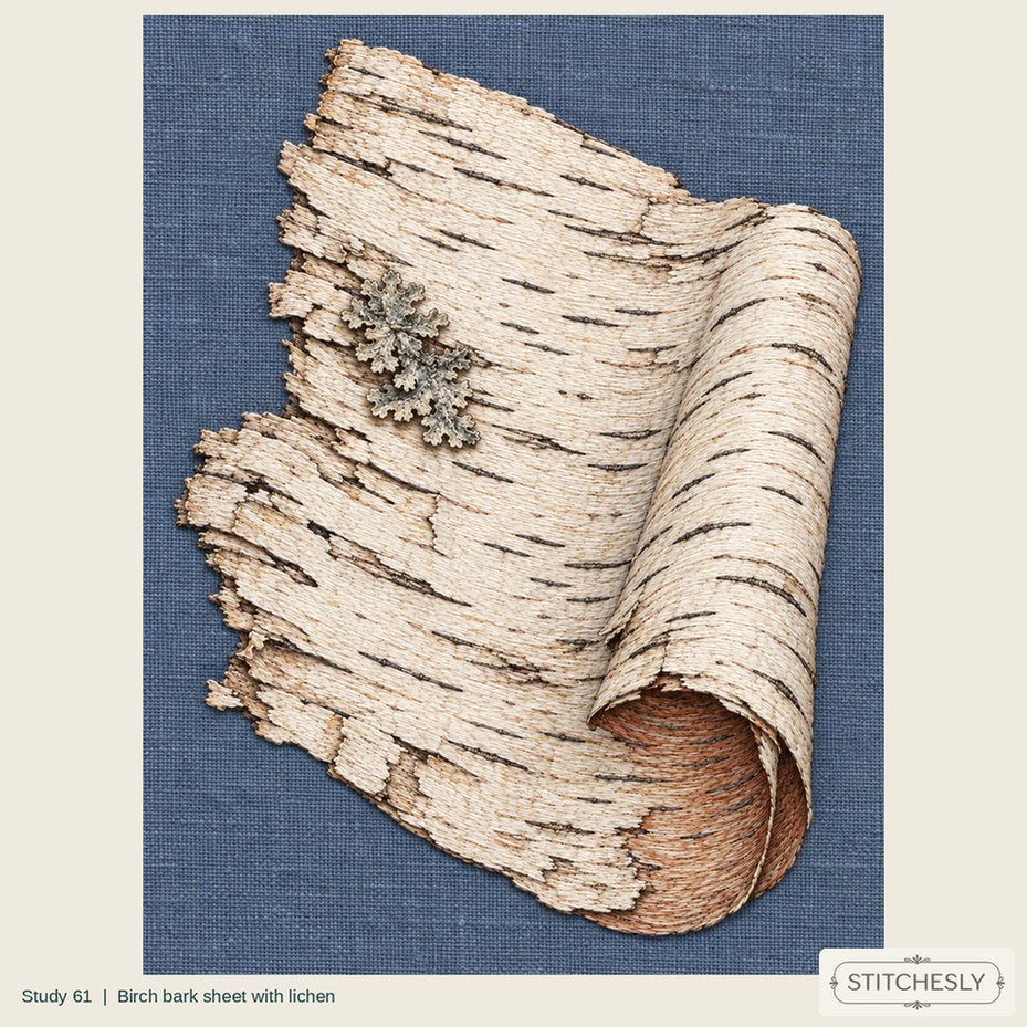 Study 61, Birch bark sheet with lichen, a full composition shown as an embroidered textile interpretation from The Woodland Undersong.