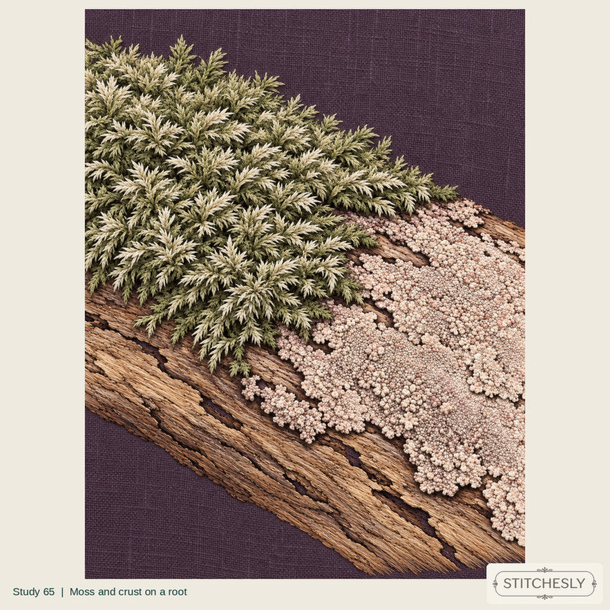 Study 65, Moss and crust on a root, a full composition shown as an embroidered textile interpretation from The Woodland Undersong.