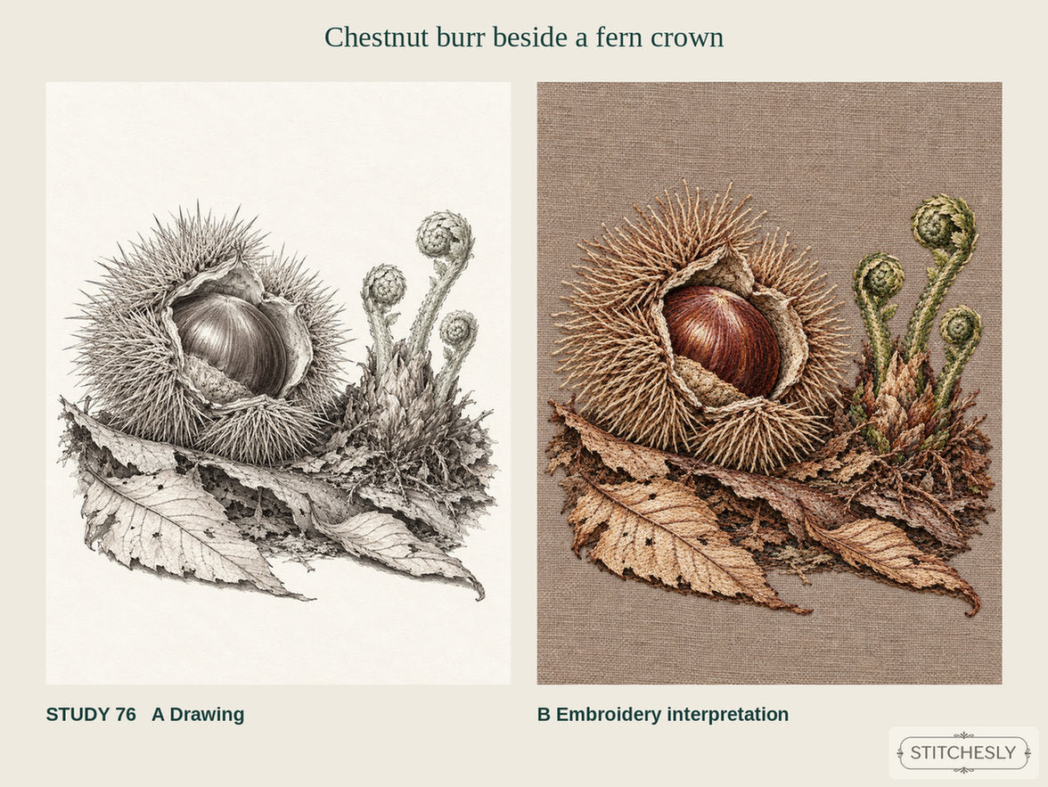 Study 76, Chestnut burr beside a fern crown, showing the A drawing and B embroidery interpretation side by side.