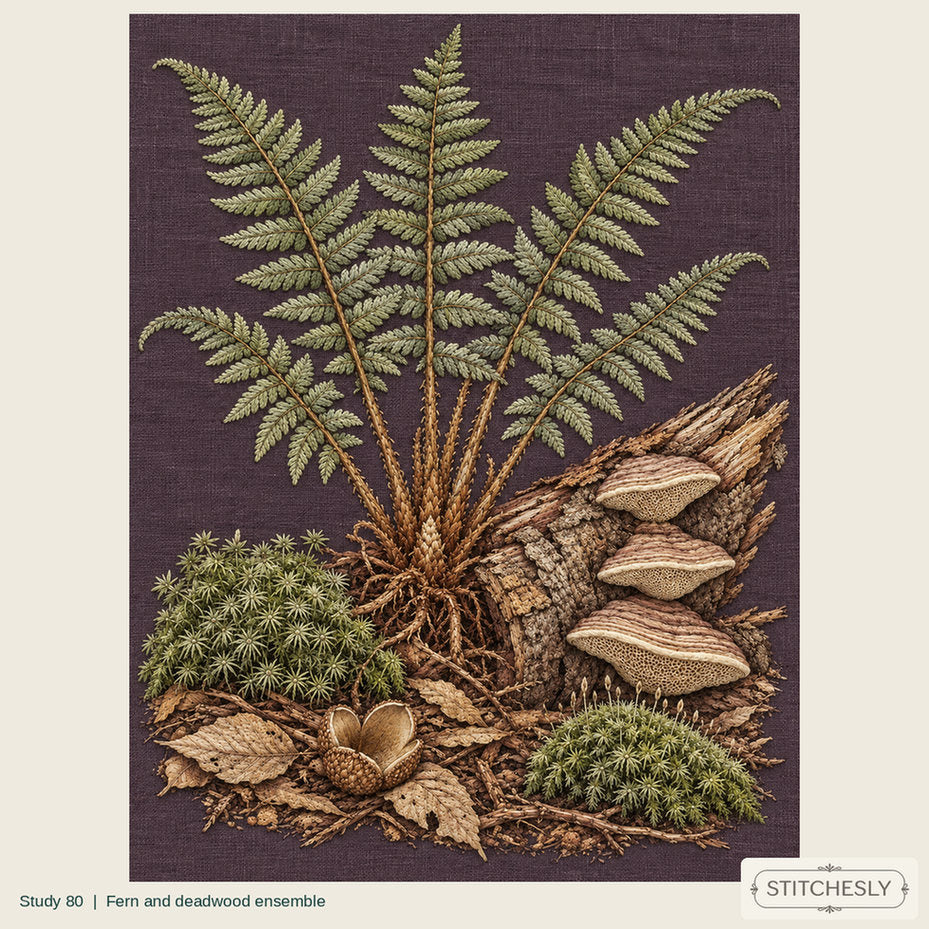 Study 80, Fern and deadwood ensemble, a full composition shown as an embroidered textile interpretation from The Woodland Undersong.