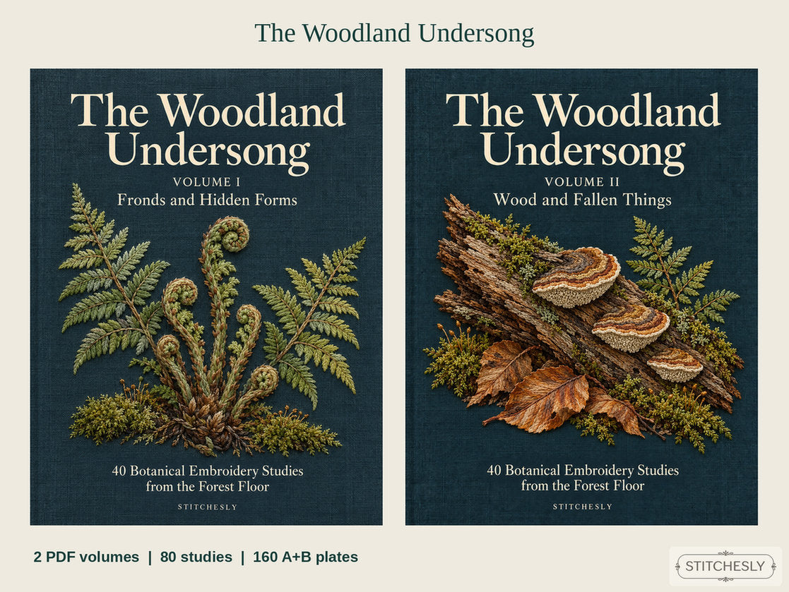 The Woodland Undersong Volume I and Volume II book covers displayed large side by side, with fern and woodland-floor embroidery interpretations.
