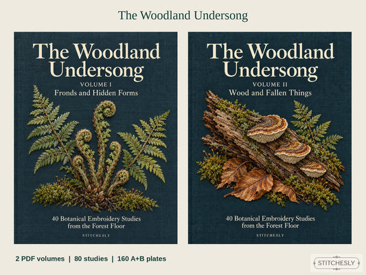 The Woodland Undersong Volume I and Volume II book covers displayed large side by side, with fern and woodland-floor embroidery interpretations.