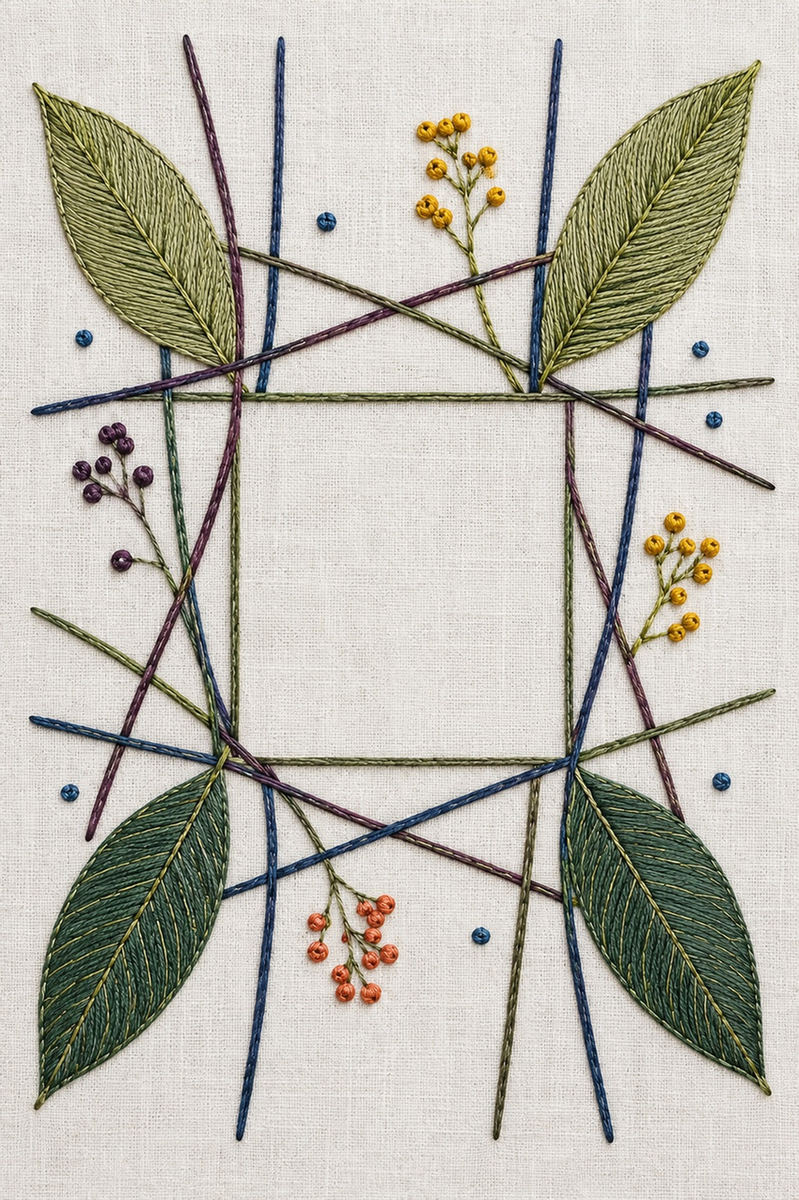 Illustrative embroidery design: Cool blue and pine-green leaf stems cross an open woven grid.