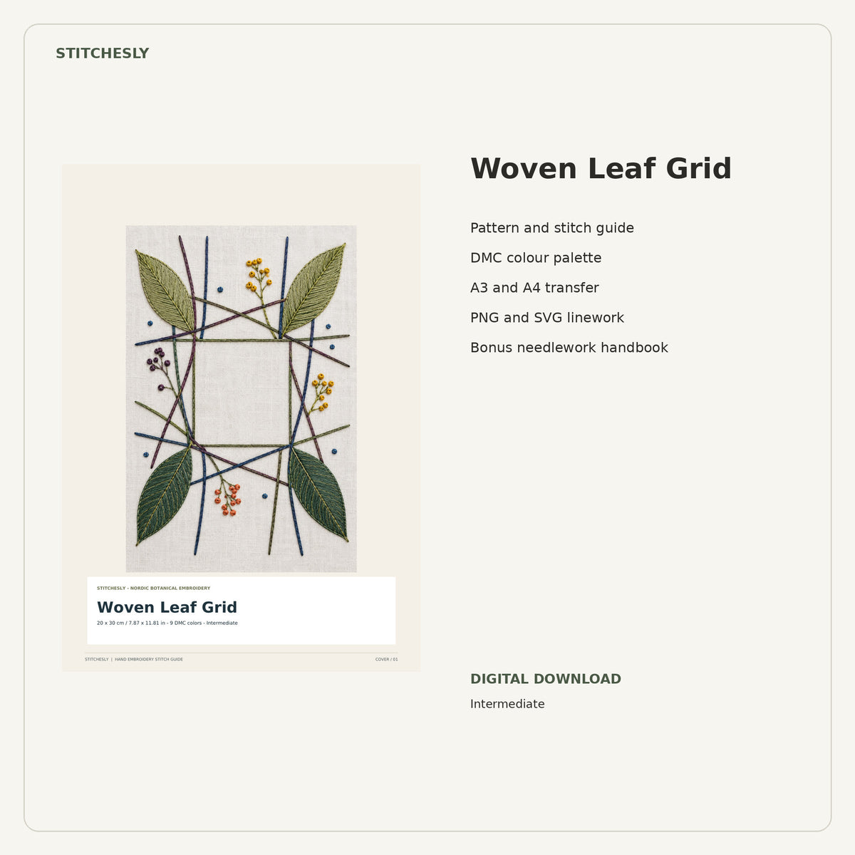 Woven Leaf Grid PDF stitch guide cover, pattern files and bonus needlework handbook.