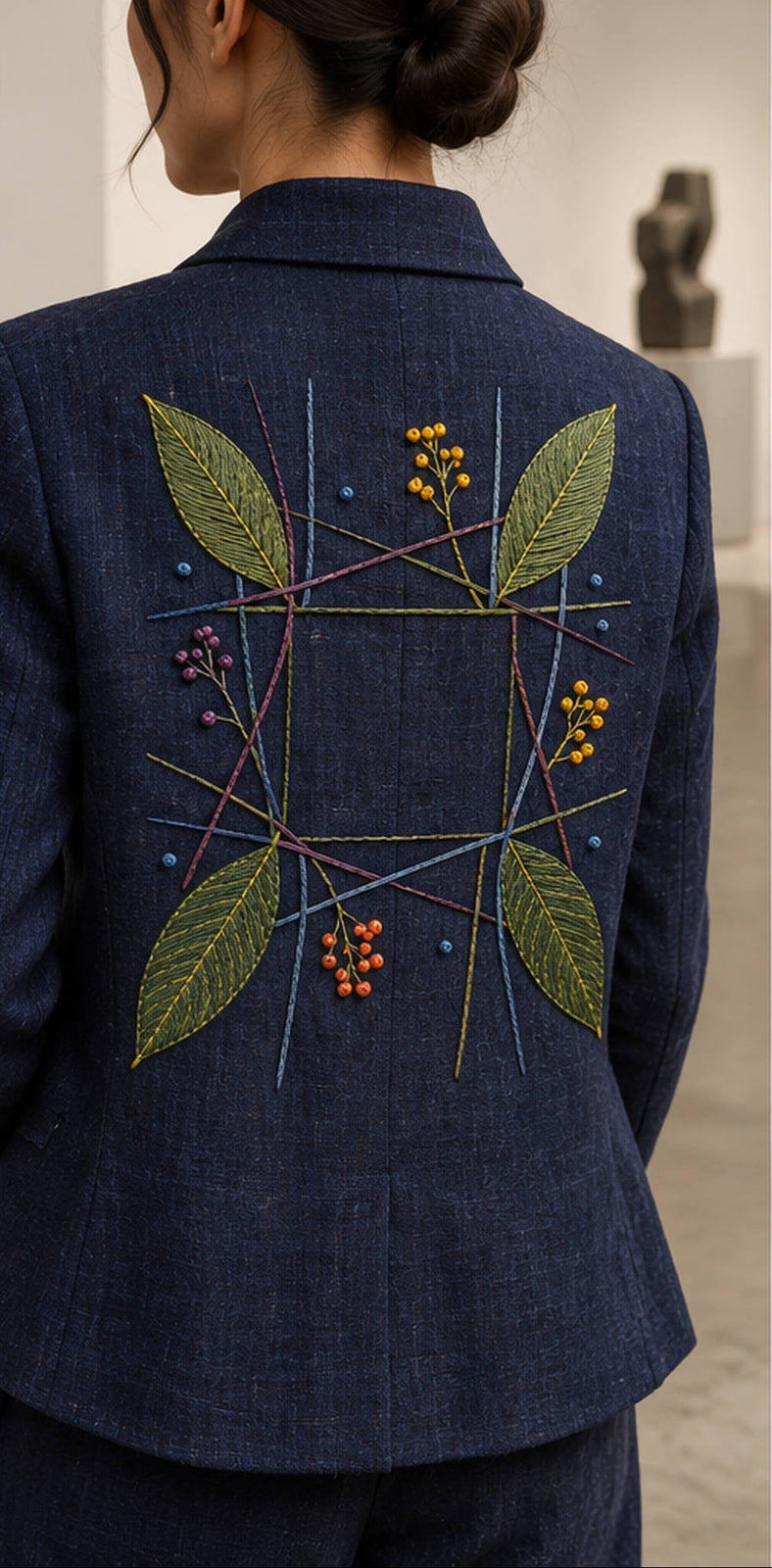 Navy linen shirt mockup featuring the Woven Leaf Grid hand embroidery design. Cool blue and pine-green leaf stems cross an open woven grid.