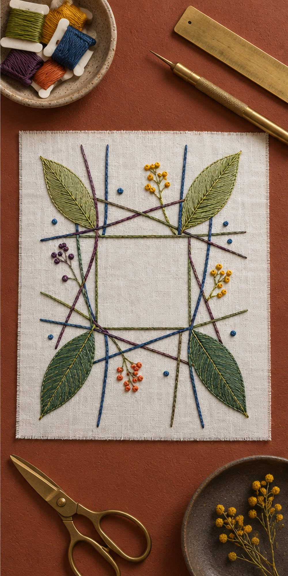 Botanical textile flat lay mockup featuring the Woven Leaf Grid hand embroidery design. Cool blue and pine-green leaf stems cross an open woven grid.