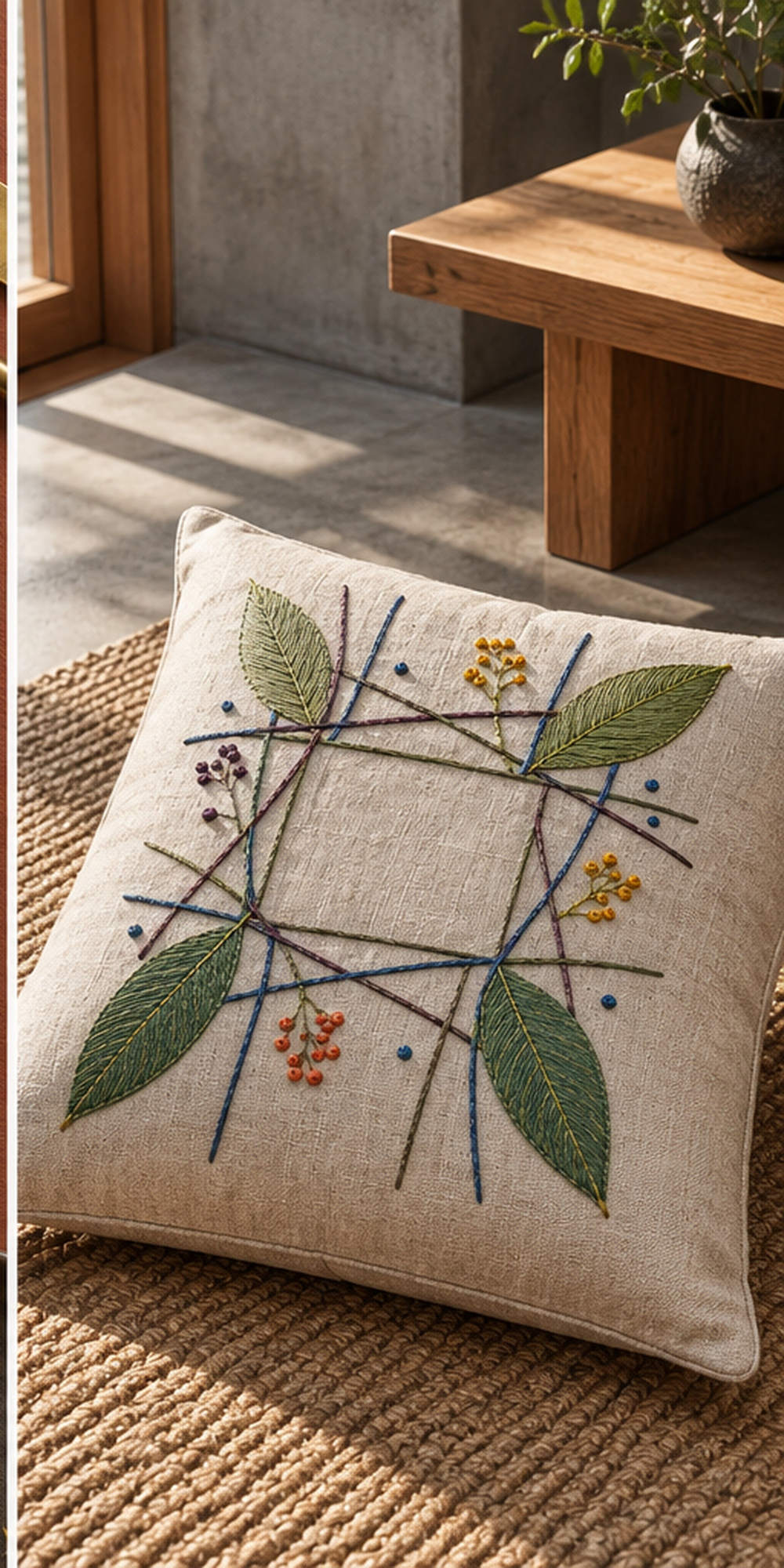 Linen cushion mockup featuring the Woven Leaf Grid hand embroidery design. Cool blue and pine-green leaf stems cross an open woven grid.