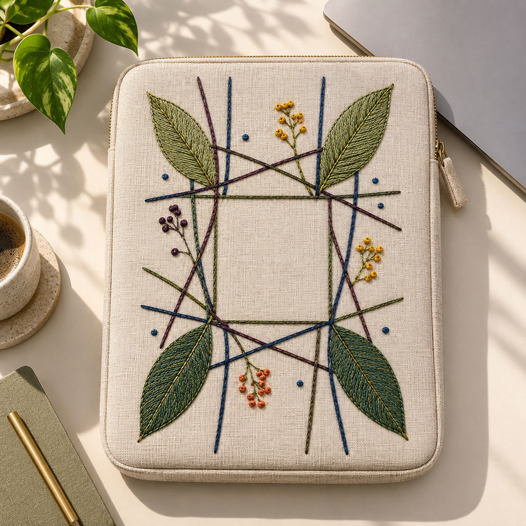 Linen panel on a chair mockup featuring the Woven Leaf Grid hand embroidery design. Cool blue and pine-green leaf stems cross an open woven grid.