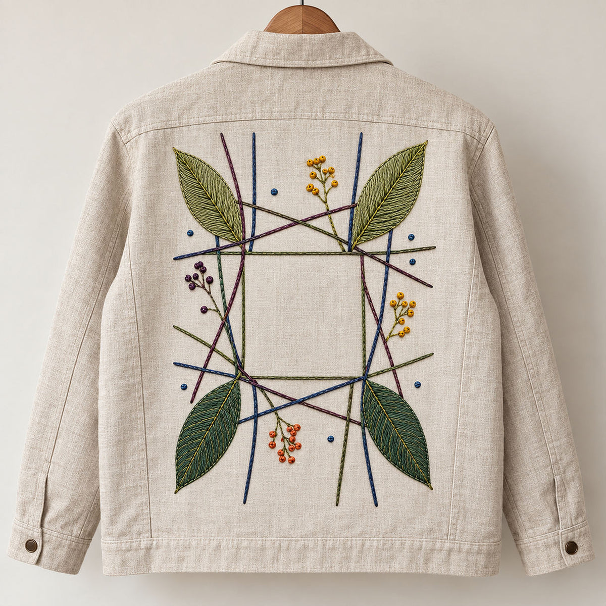 Light linen shirt mockup featuring the Woven Leaf Grid hand embroidery design. Cool blue and pine-green leaf stems cross an open woven grid.